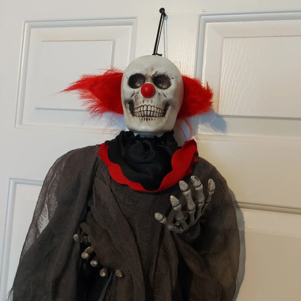 VTG Hanging Skeleton Clown Halloween Prop 37 Inch Tattered Gauze Red Hair Decor
